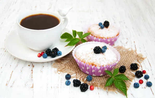 Berries, coffee, powdered sugar, muffins, Olena Rudo