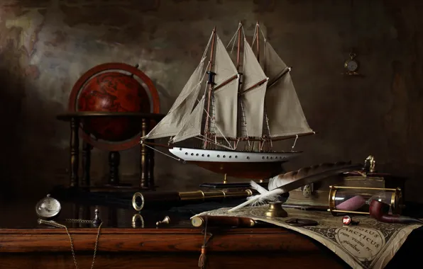 Ship, map, sailboat, still life, globe, history, Mercator, Still life with sailing ship