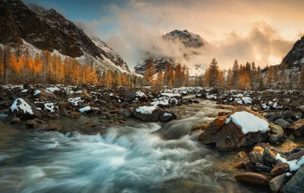Clouds, trees, landscape, mountains, nature, river, stones, Bank