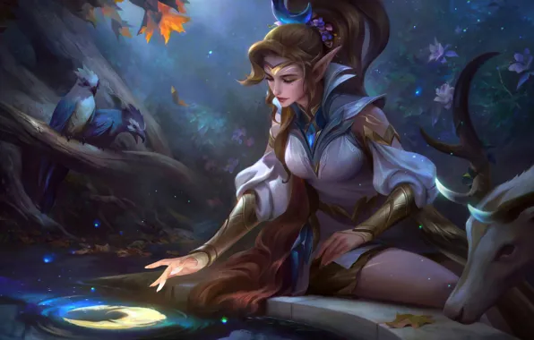 Forest, girl, birds, pond, deer, fantasy, elf, Crescent