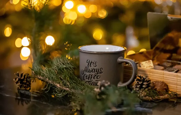 Branches, lights, holiday, box, the inscription, coffee, Christmas, candy
