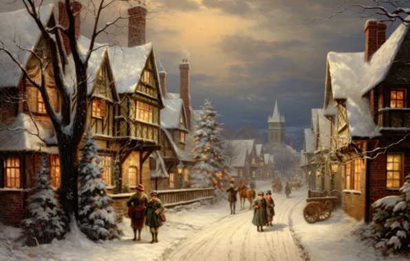 Winter, snow, the city, house, building, home, Christmas, New year