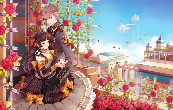 Building, petals, grille, neckline, balcony, arch, bows, military uniform