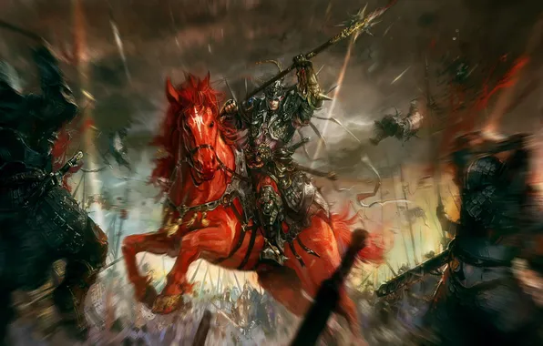 Picture weapons, horse, focus, warrior, art, rider, battle, battlefield