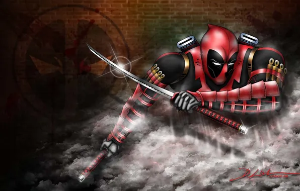 Picture look, fog, weapons, wall, mask, art, costume, deadpool