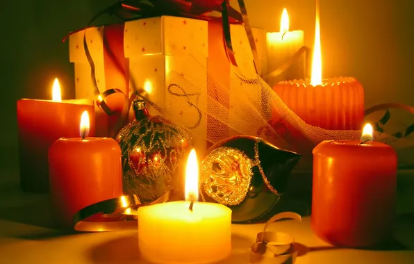 Fire, gift, balls, new year, candle, candles, bell, bow