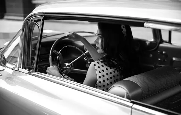Auto, girl, pose, photo, back, the wheel, black and white, Anastasia Barmina
