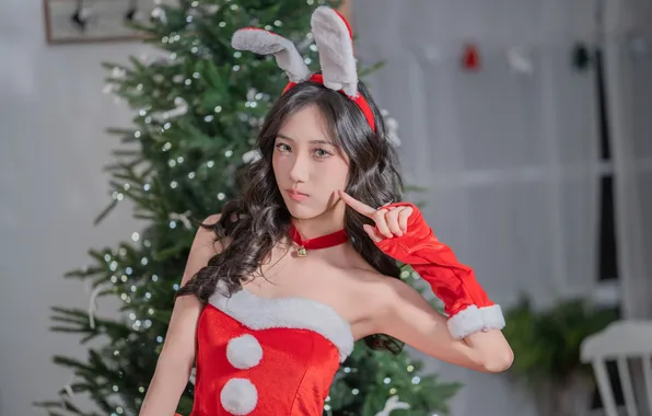 Beautiful, Christmas, Asian, Model, Tree, Smile, Woman, Festival