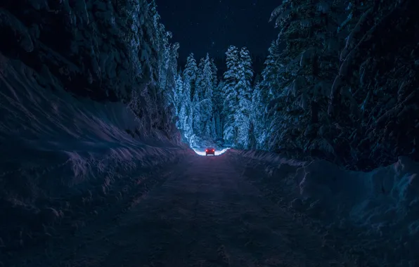 Picture winter, road, machine, forest, the sky, stars, light, snow
