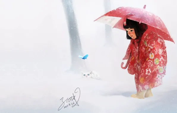 Picture winter, butterfly, art, kitty, miracle, children's, the first snow, Painting practice