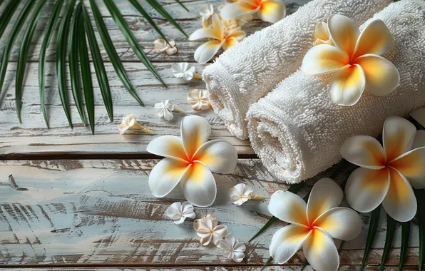 Flowers, Board, towels, plumeria, AI art, neural network