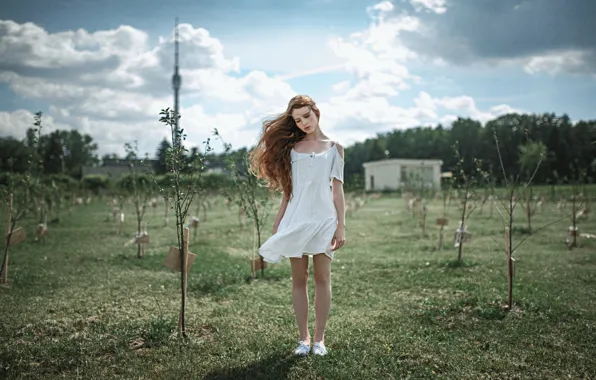 Girl, Look, Trees, Hair, Dress, White, Freckles, Red
