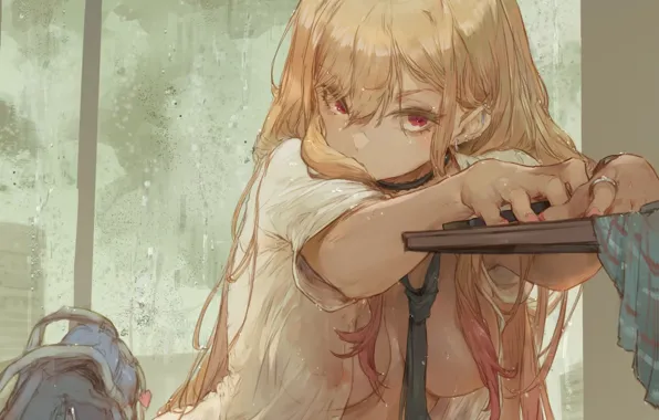 Tie, red eyes, backpack, long hair, rainy day, chalker, drops on glass, blouse open