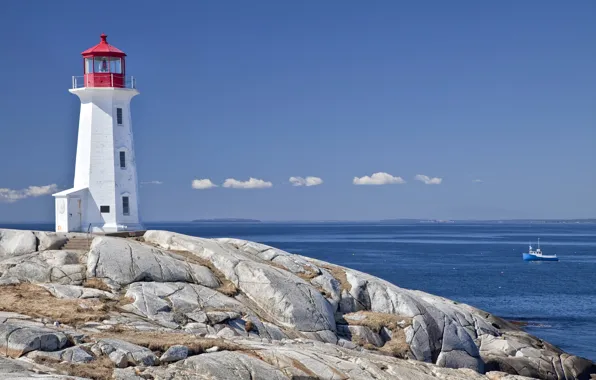 Sea, the sky, clouds, stones, coast, lighthouse, horizon, boat