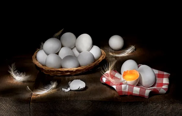 Board, food, eggs, feathers, white, black background, still life, shell