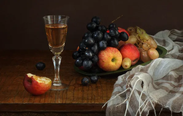 Table, wine, apples, glass, scarf, grapes, fruit, still life