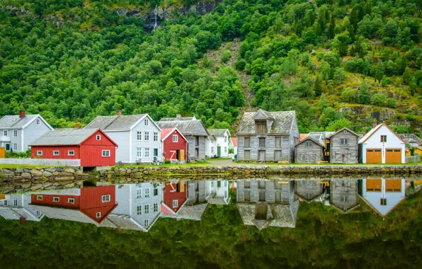 Forest, water, trees, mountains, lake, reflection, stones, rocks