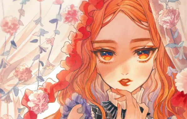 Flowers, face, hand, red, yellow eyes, transparent fabric, portrait of a girl
