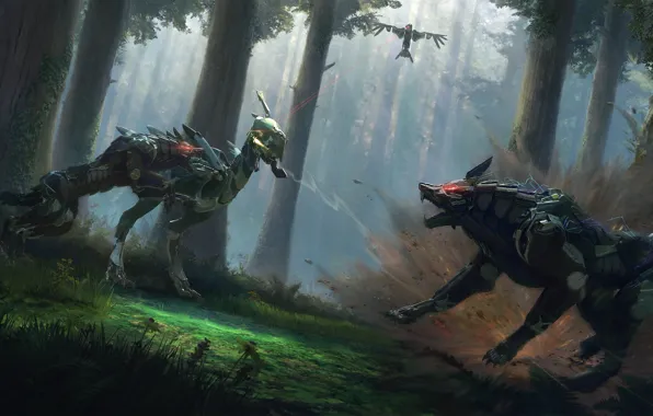 Fiction, bird, wolf, robots, Raven, fight