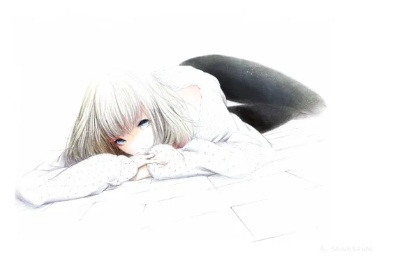 Picture figure, girl, blue eyes, lying on the floor, white blouse, by Sawasawa