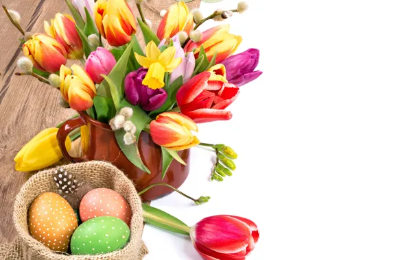 Picture flowers, eggs, spring, colorful, Easter, tulips, Verba, flowers