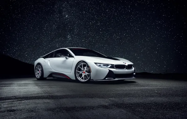 White, the sky, night, view, bmw, stars, white, wheels