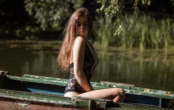 Summer, girl, lake, in the boat