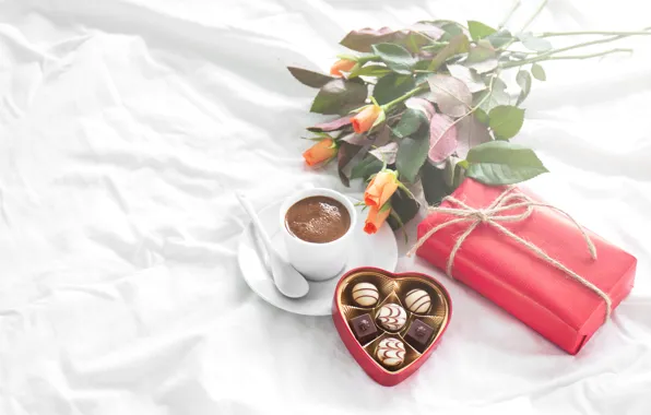 Roses, candy, love, heart, romantic, chocolate, gift, coffee