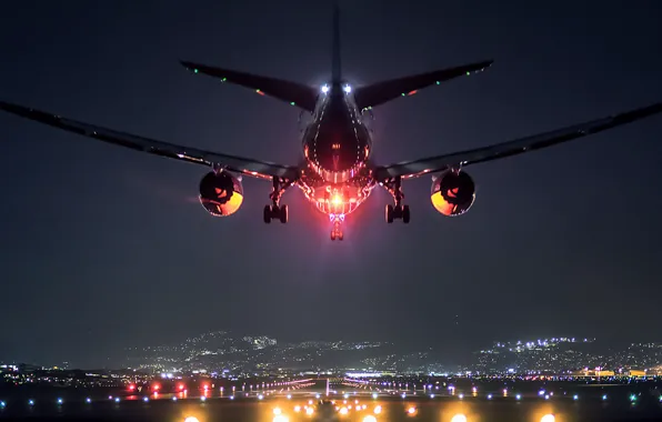 Landscape, lights, the plane, Japan, airport, Osaka, Boeing 787