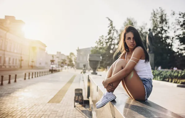 Girl, the sun, the city, pose, street, shorts, sneakers, Mike