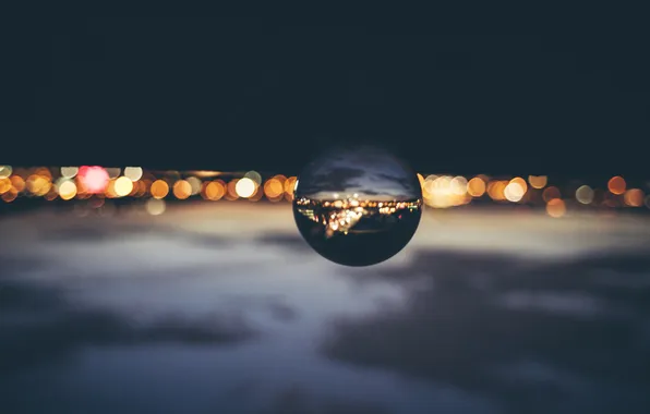 Picture clouds, sunset, the city, lights, reflection, mirror, globe, bokeh