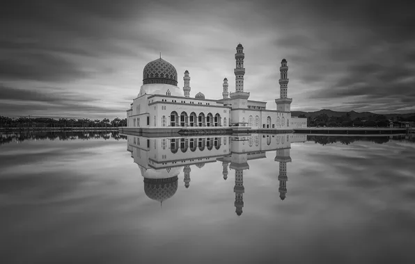 Clouds, reflection, mirror, Mosque, Malaysia, Likas Bay, Sabah, Kota Kinabalu Mosque