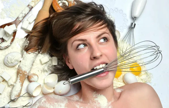 Girl, eggs, spoon, sugar, brown hair, shell, flour, rolling pin