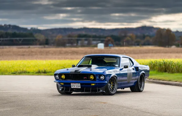 Ford, Road, Grass, 1969, Lights, Ford Mustang, Muscle car, Mach 1
