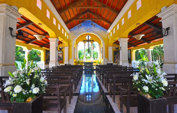 Flowers, Mexico, the hotel, chapel, bench, Grand Palladium Riviera Resort