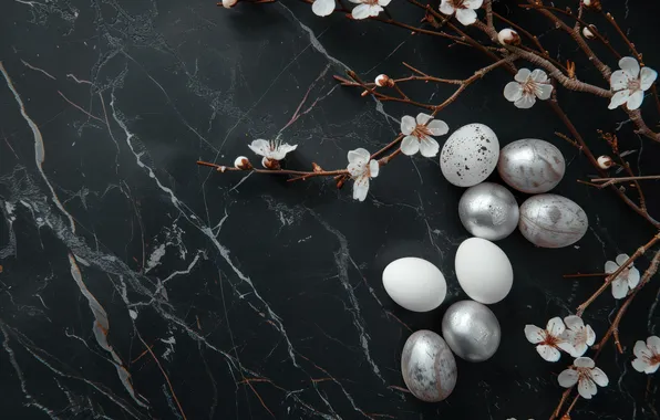 Flowers, branches, the dark background, holiday, eggs, spring, Easter, flowering