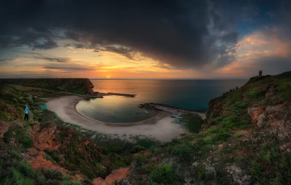 Beach, girl, landscape, sunset, nature, beauty, panorama, Bay