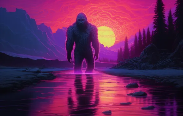 The sun, Being, Trees, Dawn, River, Digital art, Bigfoot, Yeti