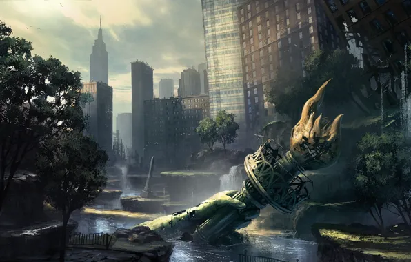 The city, Park, hand, home, art, torch, ruins, the crysis 2