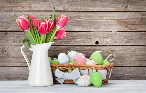 Flowers, eggs, spring, colorful, Easter, red, happy, wood