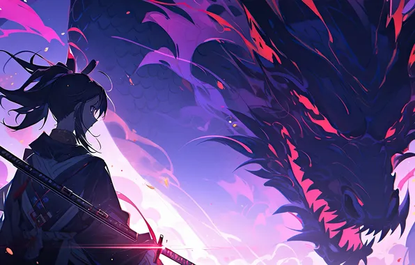 Dragon, Anime, Katana, Anime Girl, AI Art, AI Generated, Mystical Dragon