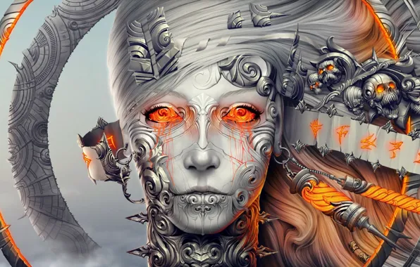 Girl, decoration, metal, face, skull, robot, ring, head