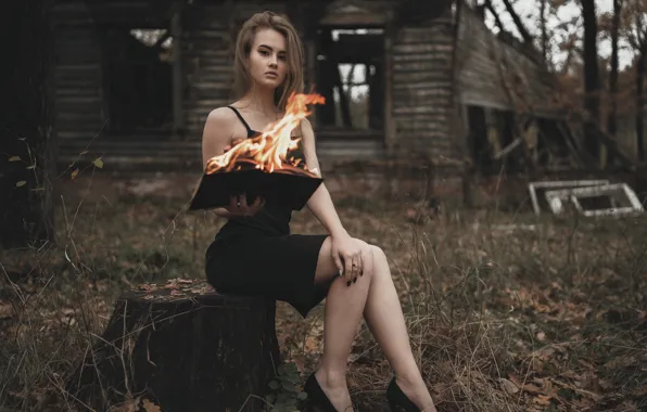 Fire, grass, dress, trees, model, women, ruins, brunette