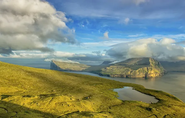 Sea, clouds, coast, island, Denmark, Faroe Islands, Klaksvik