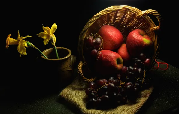 Drops, flowers, darkness, table, apples, grapes, red, pot