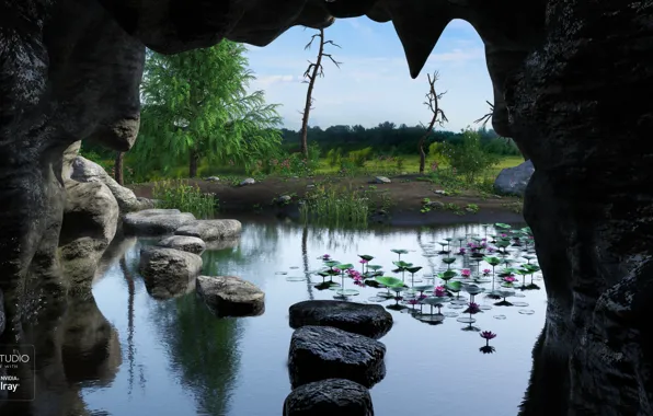 Stones, shore, cave, pond, Grotto
