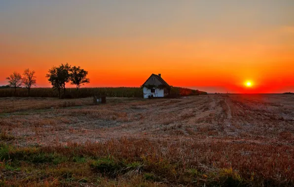 House, fireball, twilight, field, sunset, sun, dusk, countryside