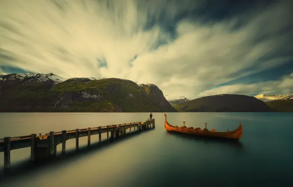 The sky, clouds, mountains, lake, boat, people, pierce, the bridge
