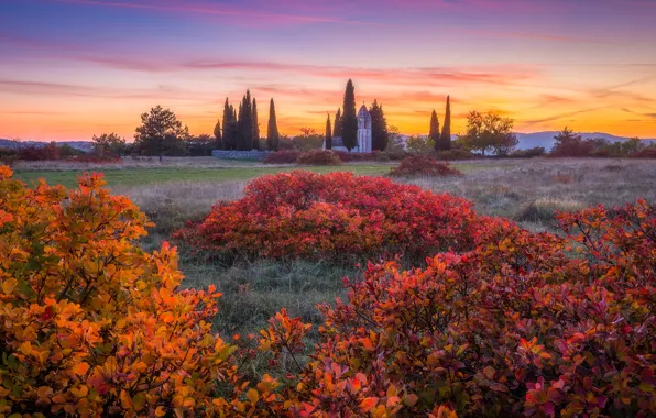 Picture autumn, landscape, sunset, nature, Church, the bushes, Slovenia, St. Kvirik church