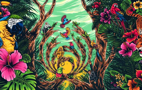 Color, Minimalism, Monkey, Tiger, Bird, Forest, Style, Background